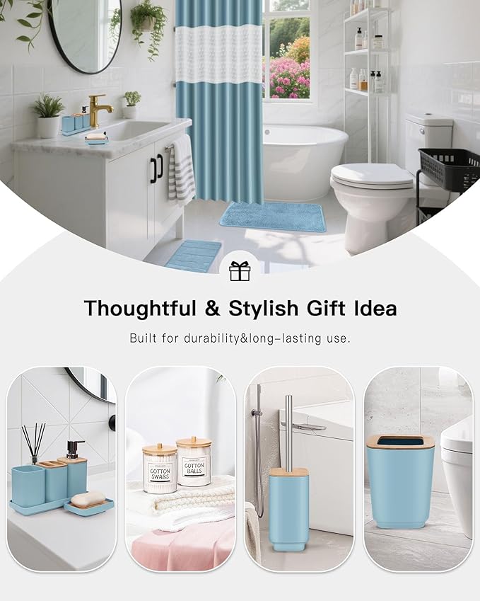 IMAVO Bathroom Accessories Set, Non-Slip Absorbent Blue Bathroom Rugs and Waterproof Shower Curtain with Hooks,Complete Bathroom Set for Bathroom Décor