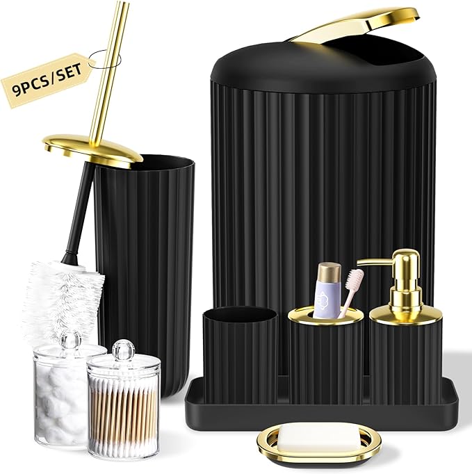 XLHOMO 9PCS Black and Gold Bathroom Accessories Set Complete with Trash Can, Vanity Tray, Soap Dispenser, Soap Dish, Toothbrush Holder, Toothbrush Cup, Toilet Brush and Qtip Holders