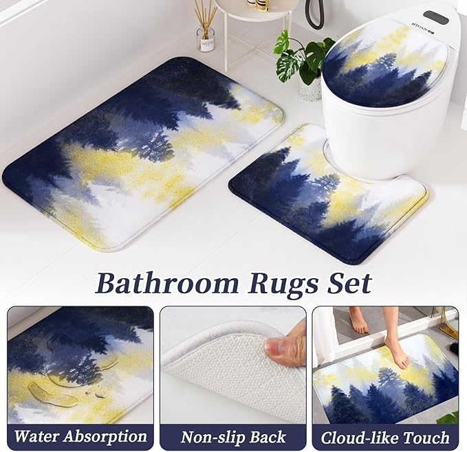 Navy and Gold Bathroom Accessories, Bathroom Sets with Shower Curtain and Rugs, Bath Rugs Accessory Set with Bathroom Trash Can, Soap Dispenser, Soap Dish for Home Decor