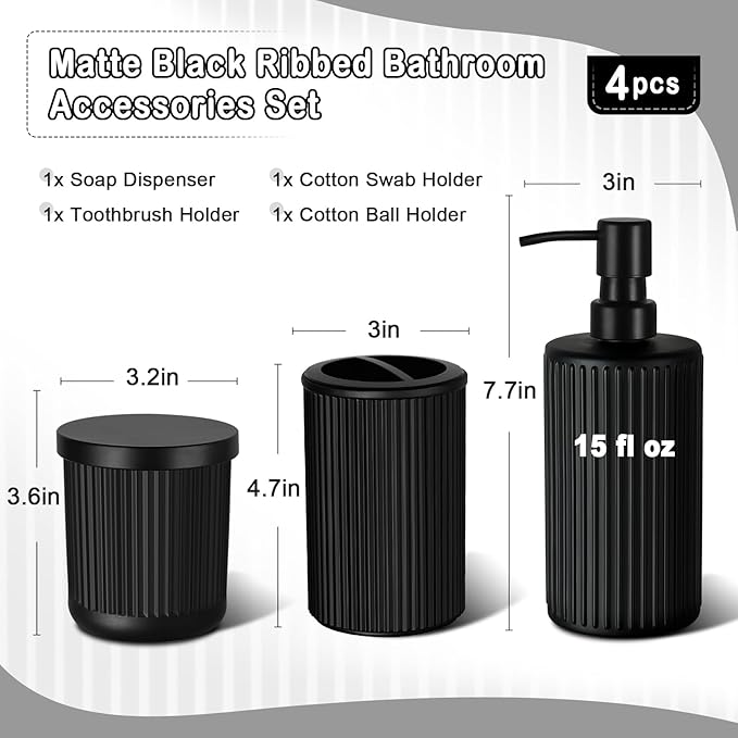 KASUNTING Matte Black Bathroom Accessories Set, 4 Pcs Glass Bathroom Accessory Set, Soap Dispenser, Toothbrush Holder, Qtip Holder Set, Bathroom Sets Complete, Bathroom Sink Set for Modern Home Decor