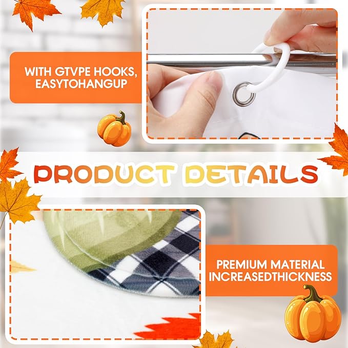 4 Pcs Thanksgiving Shower Curtain Set with Rugs, Leaves Fall Pumpkin Shower Curtains for Bathroom with Non-Slip Rug Toilet Lid Cover Bath Mat and 12 Hooks for Thanksgiving Shower-Room Home Decor