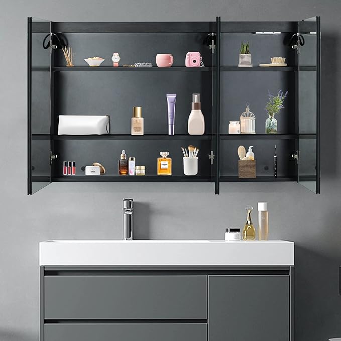 Karl home 48x28 Inch 3 Doors Bathroom Medicine Cabinet with LED Mirror, 3 Color Wall Mounted Dimmable Bathroom Cabinet with 3-Tier Storage Shelves, Anti-Fog, USB Charge, Black
