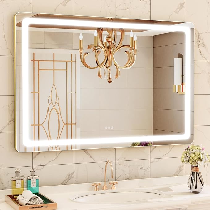 Gvnkvn Makeup Vanity Mirror with Lights 20" L x 26" W Large LED Makeup Mirror, Light up Mirror with 10X Magnification and USB Charging Port, Dimmable 3 Modes, Touch Screen Control Gold