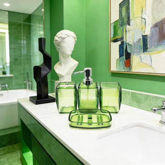 4-Piece Fresh Green Acrylic Bathroom Accessories Set — Soap Dispenser, Toothbrush Holder, Soap Dish & Mouthwash Cup, Vanity Countertop Organizer for Botanical Green Bathroom Decor