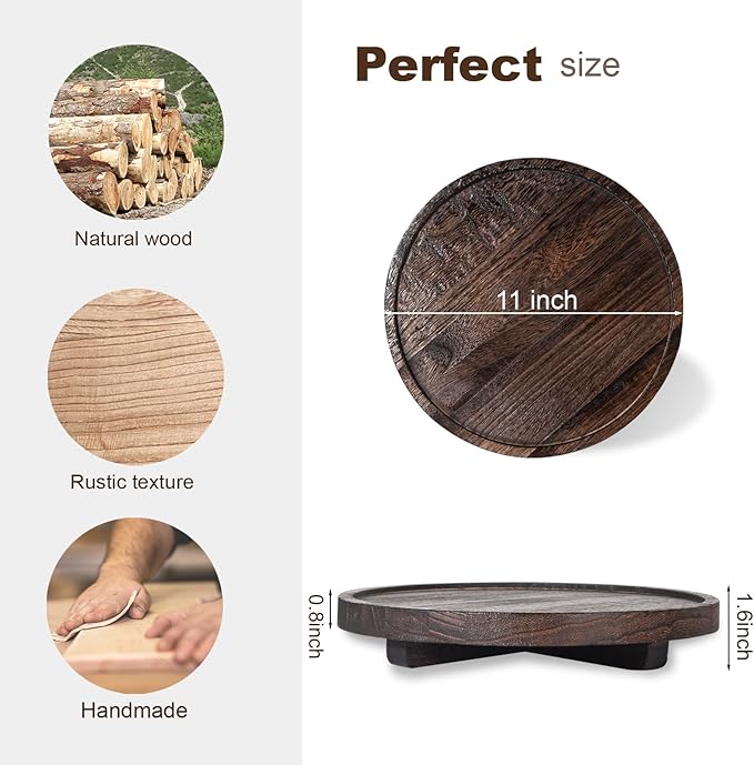 Round Decorative Tray Wood Bathroom Counter Organizer Farmhouse Kitchen Decor Wooden Riser for Soap Dish, Perfume, Candle, Sponge, 11 Inch, Dark Brown