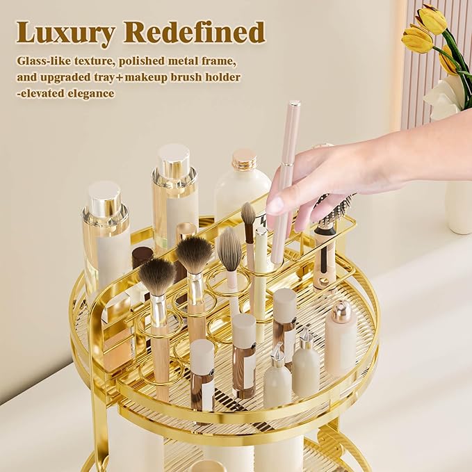 360 Rotating Makeup Organizer Vanity, Gold Perfume Organizer for Dresser, 2 Tier Bathroom Organizer Countertop,Spinning Cosmetic Display Lazy Susan for Women,Skincare Storage with Brush Holder