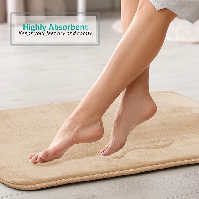 Clara Clark 2 Piece Bathroom Rugs Bath Mat Set, Velvet Memory Foam Bath Mats for Bathroom - Non-Slip, PVC Backing Bath Rugs, Washable - Dries Quickly, Cream