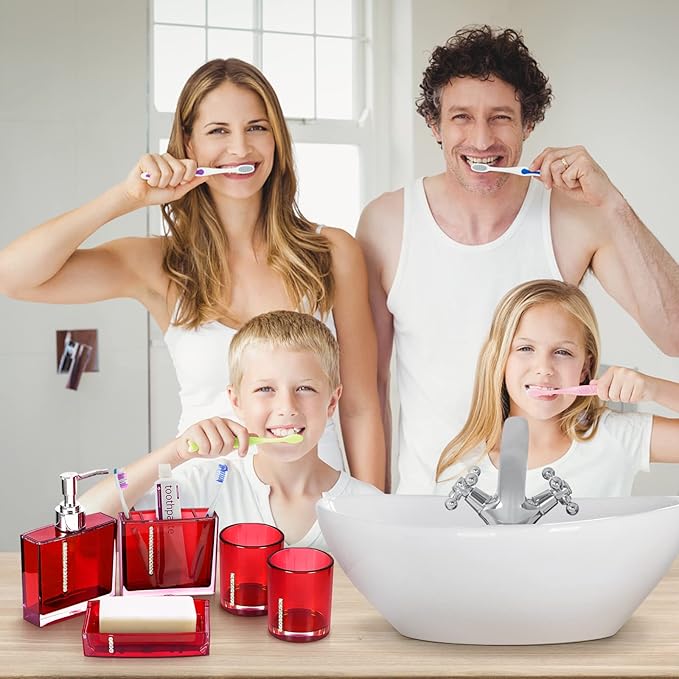 Red Bathroom Accessories Set Bathroom Designer 5-Piece Bath Accessory Set,Acrylic Gift Set Toothbrush Holder Toothbrush Cup Dispenser Dish Toilet Brush Holder Trash Can Tumbler