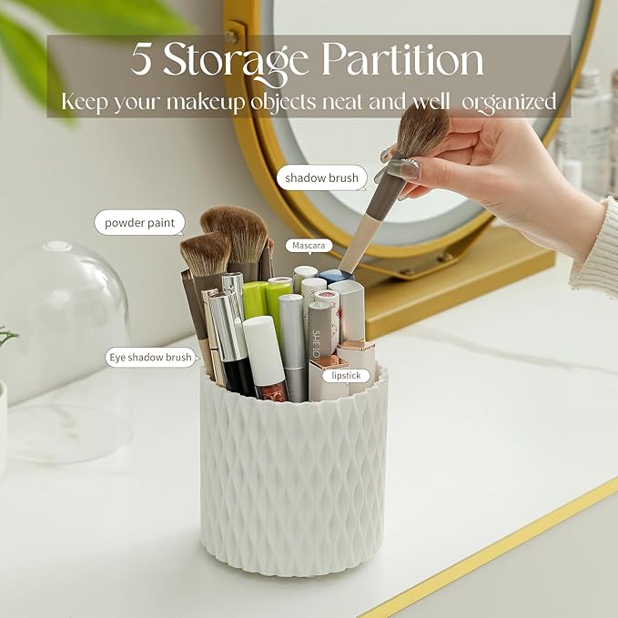 Makeup Brush Holder with Lid, 360?? Rotating Dustproof 5-Slot Cosmetic Organizer for Vanity Countertop, Spinning Brush Caddy with Cover for Lipstick, Hair Brush & Art Supply, White
