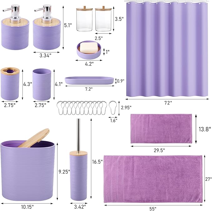 XLHOMO Purple Bathroom Set, Purple Bathroom Accessories Set with Shower Curtain, Bath Towel Set, Trash Can, 2PCS Soap Dispensers, Soap Dish, Toothbrush Holder and Cup,Toilet Brush for Bathroom Decor