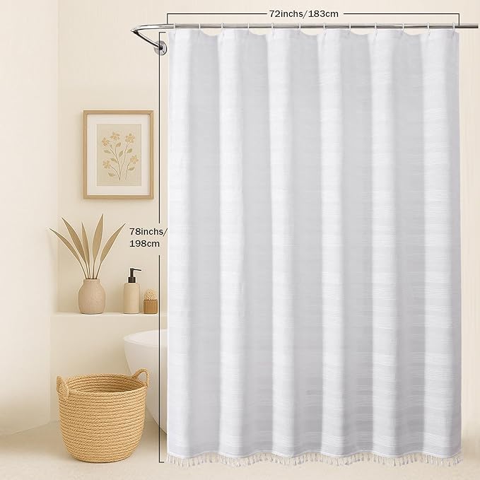 OVZME White Shower Curtain 78 Inch Long, Boho Farmhouse Thick Striped Fabric Hotel Shower Curtain with Tassel, Minimalist Textured Weighted Machine Washable Bathroom Decor, 72Wx78L Inches