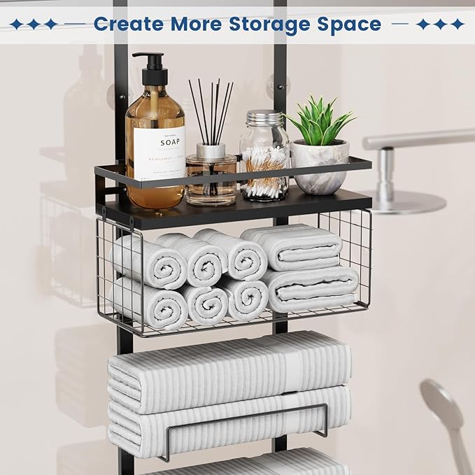 Aetyord Towel Racks for Bathroom Over The Door Towel Racks Towel Storage Organizer with Metal Shelf Basket for Bathroom Rv Camper (9-Tier Black)