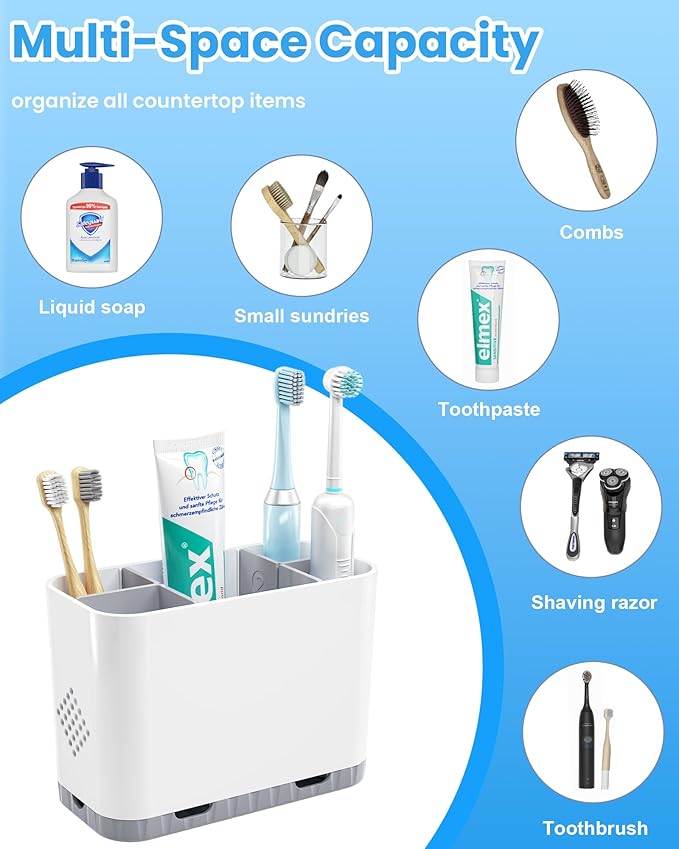 Toothbrush and Toothpaste Holders for Bathrooms Countertop - Detachable 5 Slots Kids Electric Toothbrush Holders Set Wall Mounted with Removable Dividers for Bathroom Decor and Accessories Organizer
