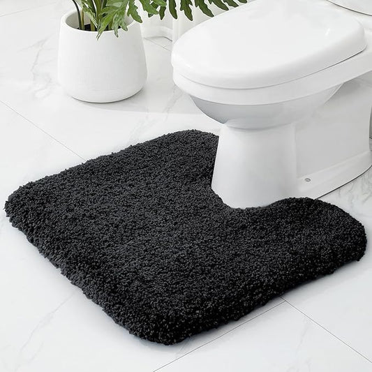 Toilet Rugs U-Shaped Mat 24x22, Contour Bathroom Mat - Ultra Soft & Absorbent Microfiber, Quick-Dry, Machine Washable with High Density Foam Latex Non Slip Backing, Black