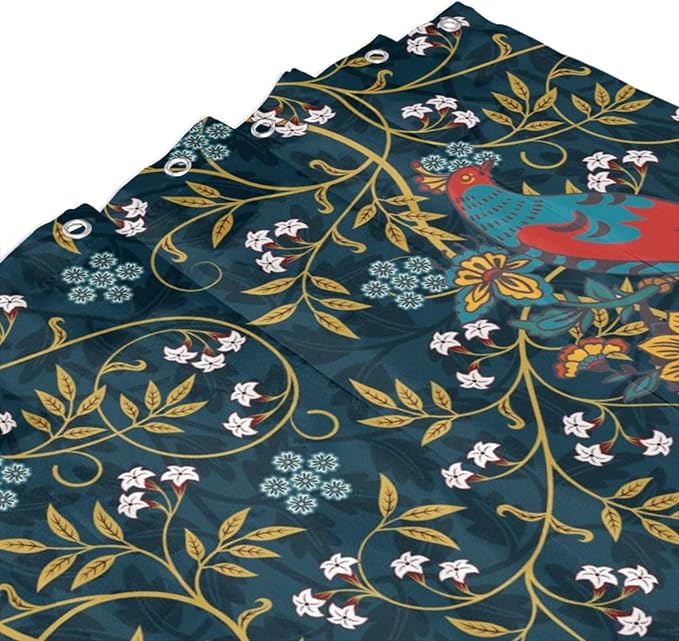 Rustic William Morris Art Print Waterproof Fabric Shower Curtain,Vintage Mid Century Boho Floral Bird Soft Hotel Quality Cloth Shower Light-Weight & Machine Washable - 72L x66W