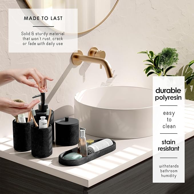 Clara Clark Bathroom Set - Black Bathroom Accessories Set, 24PC Bathroom Accessory Set, Bathroom Sets with Shower Curtain Set, Adhesive Corner Shower Caddy Hanging & Soap Dispenser