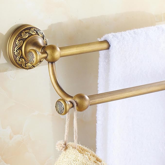 Antique Bronze Brass Double Towel Bar,Adjustable 15.5 to 27.5 Inch Bath Towel Bar Rack for Bathroom Towel Holder, Wall Mounted Bathroom Hardware Accessories,Pattern Carving Design