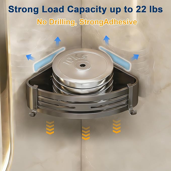 Corner Shower Caddy, No-Drilling Adhesive Shower Shelves with Hooks, Waterproof & Rustproof Removable Shower Organizer for Bathroom Kitchen