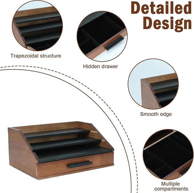 Cologne Organizer for Men - 3-Tier Wooden Perfume Shelf Stand with Drawer, Perfume Display & Storage Tray for Dresser, Black & Brown, 11"x4.7"x7.9"