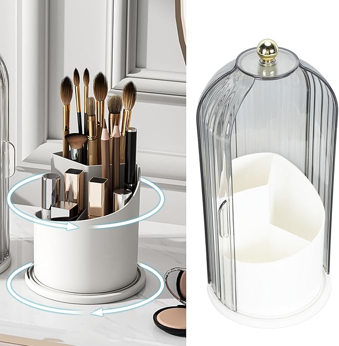 Makeup Brush Holder with Lid Clear Dustproof 360 Degree Rotating Makeup Brush Holder Organizer for Vanity Desktop Bathroom Countertop Nail Brush Rack Portable(White Base with Clear Black Lid)