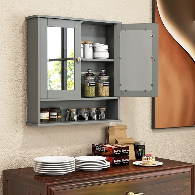 COSTWAY Bathroom Cabinet Wall Mount, Wooden Medicine Cabinet with 2 Mirror Doors, Adjustable Shelf, Open Compartment, for Laundry, Living Room, Kitchen, Gray