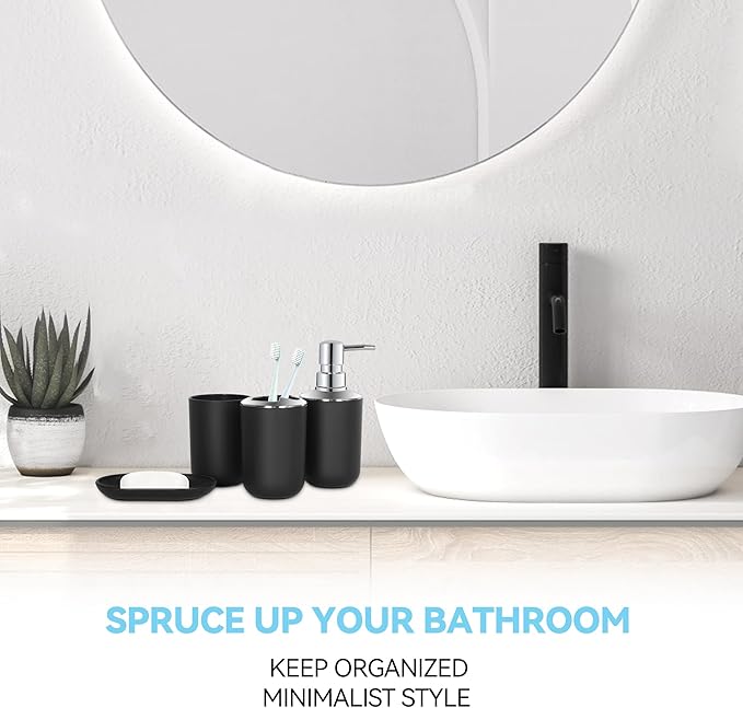 Black Bathroom Accessories Set 4 PCS, Black Bathroom Accessories, Plastic Soap Dispenser and Toothbrush Holder Set, Soap Dish and Mouthwash Cup, Boho Bathroom Decor, Bathroom Set