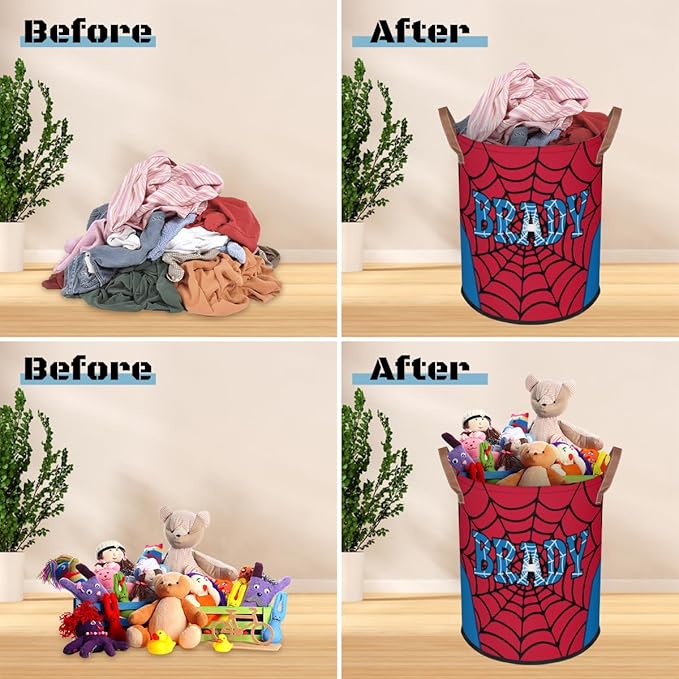 Spider Wed Personalized-Laundry-Hamper-Basket for Kids Custom Name Collapsible Storage Organizer Bin Dirty Clothes Toys Hamper for Boys Nursery in Laundry, Bedroom, Bathroom Wed-3