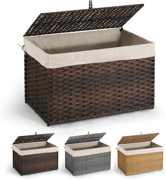CAPHAUS Laundry Basket w/Lid, Synthetic Rattan Laundry Hamper w/Lid and Handles, 2 Removable Liner Bags, Foldable Clothes Hamper for Laundry, Large Storage Basket w/Lid, 160L, Brown