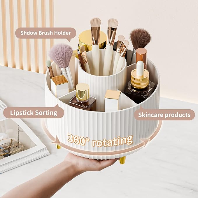 fanado 360?? Rotate Makeup Brush Holder Organizer, Makeup Organizers Countertop, Makeup organization and Skincare Storage for Vanity, Desktop, Bathroom (White-1)