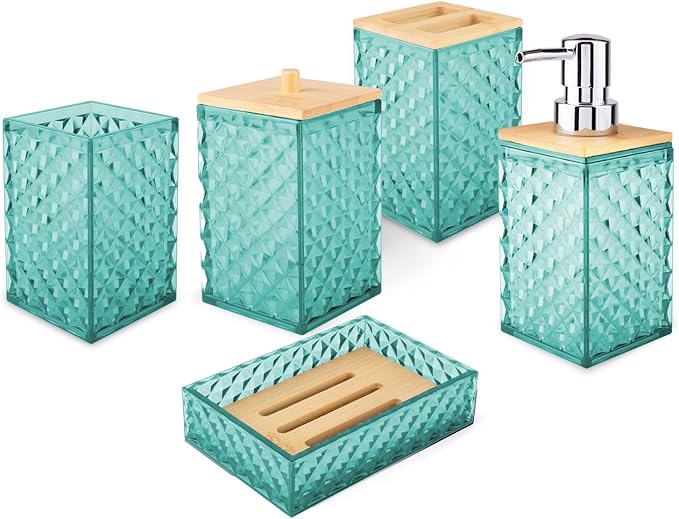 Bathroom Accessory Set, Grid Pattern 5 Pcs Plastic Bathroom Set Include Qtip Holder Dispenser, Soap Dispenser, Soap Dish, Toothbrush Holder, Mousewash Cup, Modern Bathroom Décor Set(Teal)
