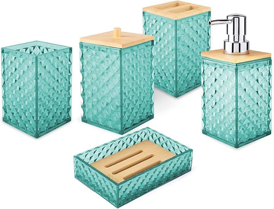 Bathroom Accessory Set, Grid Pattern 5 Pcs Plastic Bathroom Set Include Qtip Holder Dispenser, Soap Dispenser, Soap Dish, Toothbrush Holder, Mousewash Cup, Modern Bathroom Décor Set(Teal)