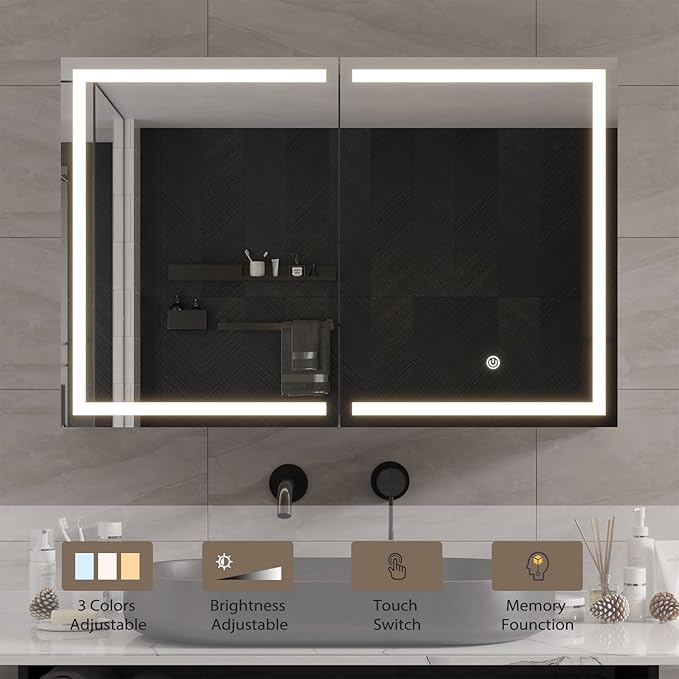 DICTAC Medicine Cabinet with Mirror and LED Light, Wall Mounted Bathroom Mirror with Storage, 3 Doors Bathroom Wall Cabinet, Memory Dimmable 3 Color Temp, Adjustable Shelves, 35.4''x23.6''