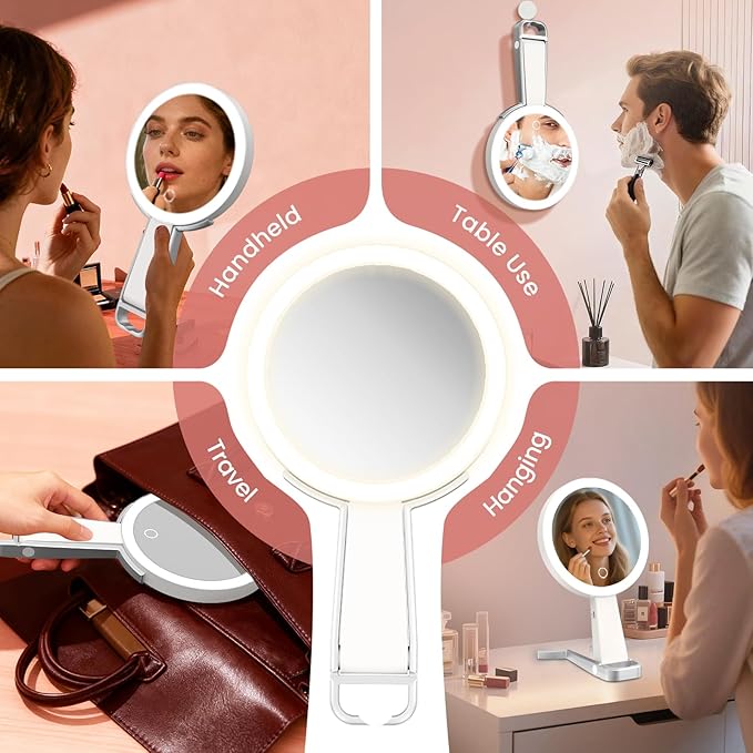 Makeup Mirror with Lights and Magnification, Double-Sided 10X Magnifying Mirror, Portable Lighted Makeup Mirror with 3 Color Lights, Rechargeable Make up Mirror 3 in 1 Tabletop, Handheld, Hanging