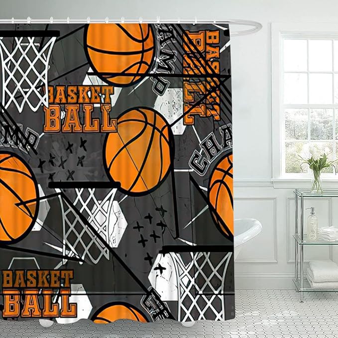 4 Piece Baseball Shower Curtain Waterproof Abstract Sport Basketball Modern Boys Bathroom Sets with Non-Slip Rugs, Toilet Lid Cover and Bath Mat with Standard Size