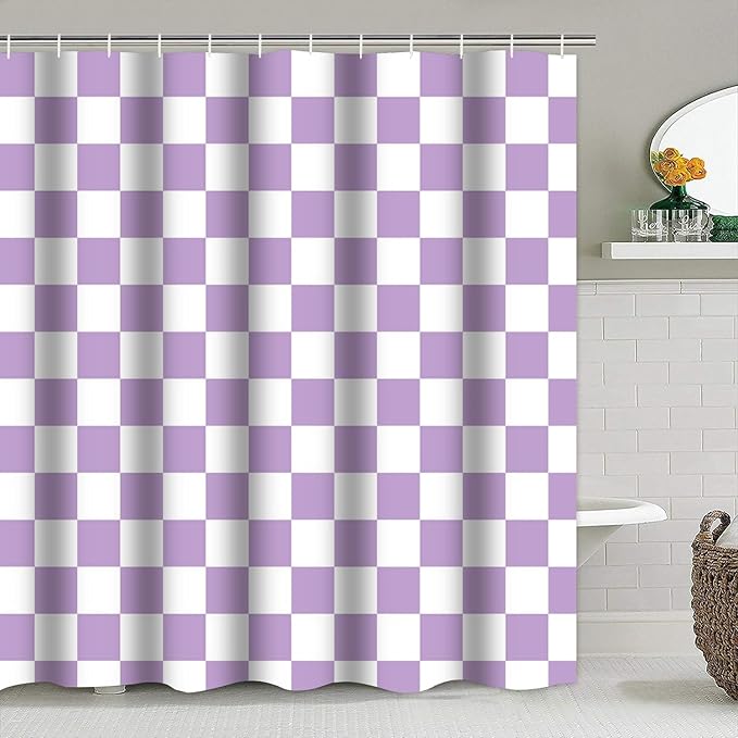 4 PCS Checkered Shower Curtain Sets Fun Gingham Bathroom Sets Soft Non Slip Bath Rugs Toilet Cover U-Shaped Mat Retro Bright Waterproof Shower Curtains with 12 Hooks for Tub Toilet, Purple