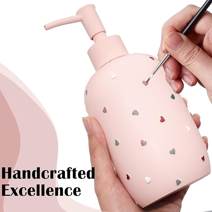 Bathroom Accessories Sets 4-Piece, Premium Pastel Heart Bathroom Accessory Complete Set - Toothbrush Holder, Lotion Soap Dispenser, Vanity Tray, Bathroom Tumbler for Countertop Vanity (Pink)