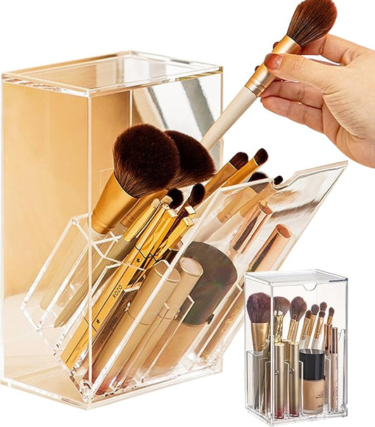 Makeup Brush Organizer With Lid,Thickened Acrylic Brush Holder Dust Proof，Easy To Take,Makeup Brush Storage For Vanity Suitable For Shanks Less Than 0.78 In