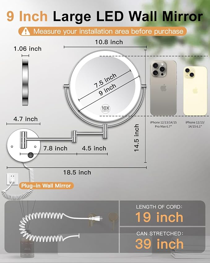 Gospire 9” Wall Mounted Lighted Magnifying Mirror, 1X/10X Magnification Double-Sided LED Bathroom Mirror, 3 Color Lights & Stepless Dimming with Touch Sensor, Extendable Arm 360° Swivel for Shaving