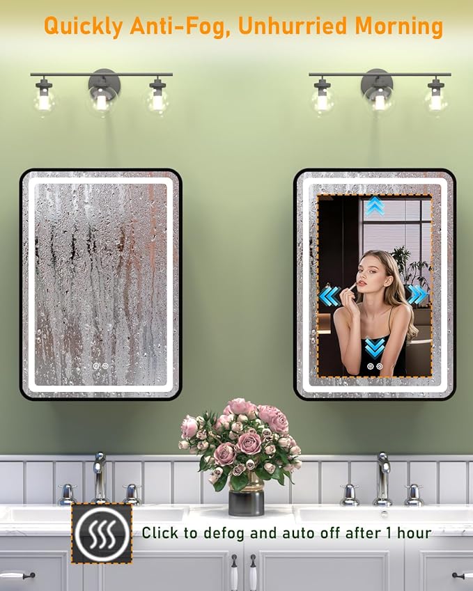 16x24 Inch LED Medicine Cabinet Mirror, Bathroom Mirror with Lights and Storage Wall Mounted & Recessed with Anti-Fog, Dimmable 3 Color Light with Memory, 2 Shelves & 1 Organizer Box, Left Hinge