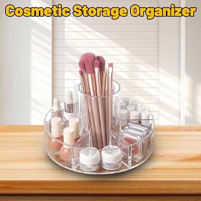 360-Degree Rotating Makeup Organizer, 6 Compartments, Clear Cosmetic Display Case with Lazy Susan Turntable
