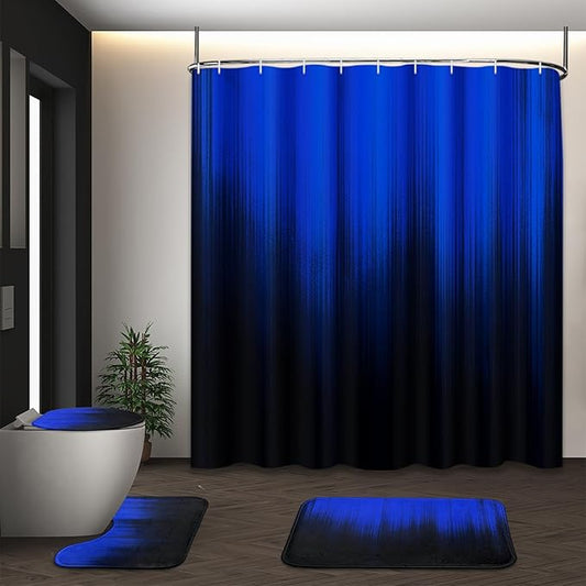 Blue and Black Ombre Shower Curtain Set with Toilet Lid Cover and Non-Slip Rugs for Bathroom, Gradient Modern Gothic Abstract 4 Pcs Shower Curtain, Bathroom Set with 12 Hooks