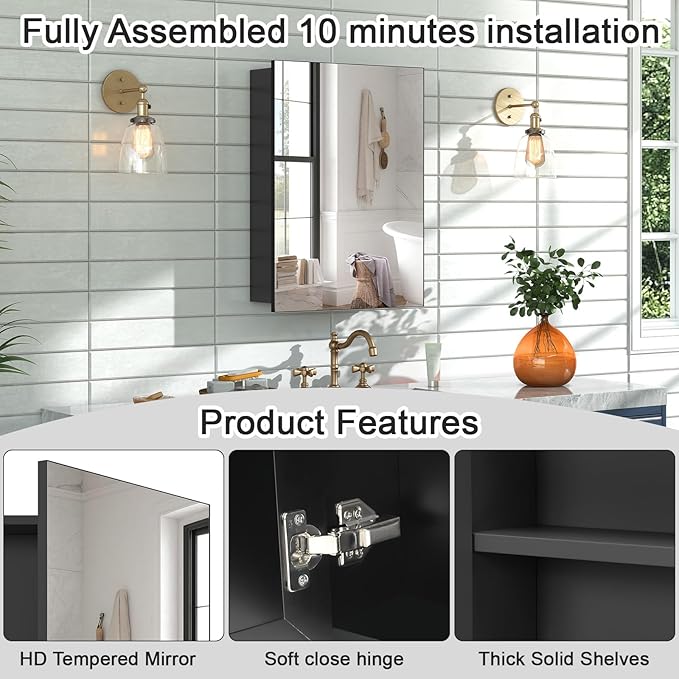 18x14 Inch Bathroom Medicine Cabinet with Mirror, Pre-Assembled Bathroom Medicine Cabinets, Surface/Recessed Wall Mounted Farmhouse Large Medicine Cabinet, Black