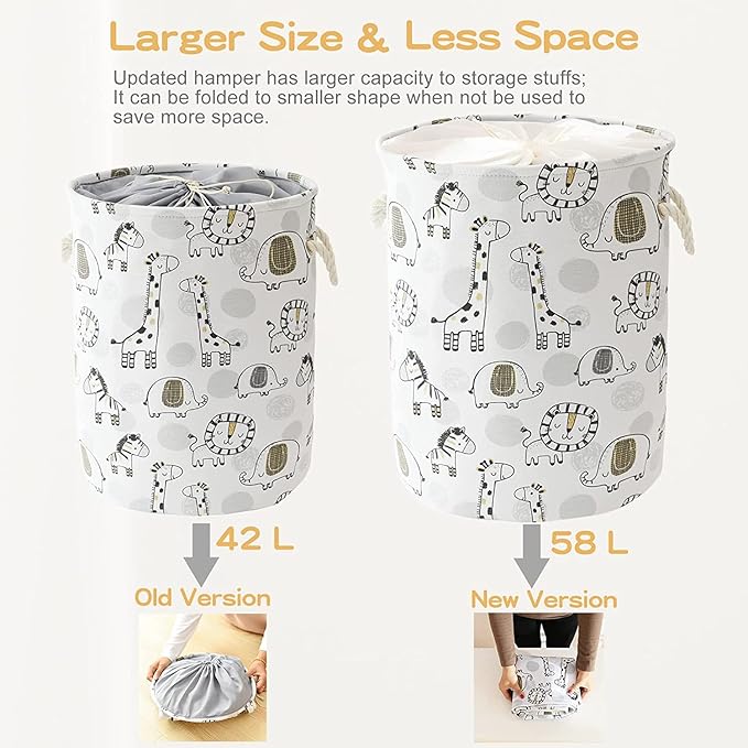 INough Kids Laundry Basket Extra Large Baby Hamper for Nursery, 58L Kids Baskets for Nursery Stuffed Animal Storage Basket, Canvas Clothes Hamper Toy Basket for Boys Foldable Laundry Hampers (Giraffe)