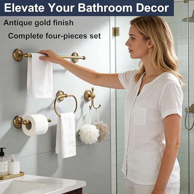 4-Pieces Antique Brass Gold Bathroom Accessories Set, Adjustable Towel Bar Fits 13.2”-24.6” Centers, Oval Towel Ring, Robe Hook, Toilet Paper Holder, Towel Racks for Bathroom Wall Mounted Hardware Set