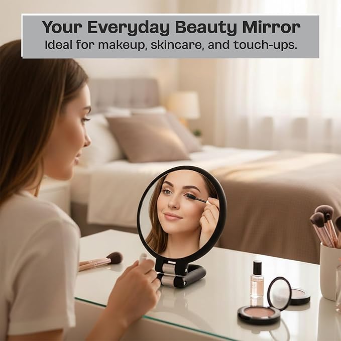 Danielle Creations 3-in-1 Folding Hand Held Compact Travel Makeup Mirror, 15x Magnification, Black