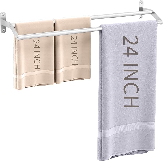 Double Towel Bar for Bathroom Wall 24 Inch, Double Towel Racks for Bathroom Wall Mounted, Stainless Steel Bathroom Towel Holder Towel Hanger (Double Bar-Brushed Nickel, 24 in)