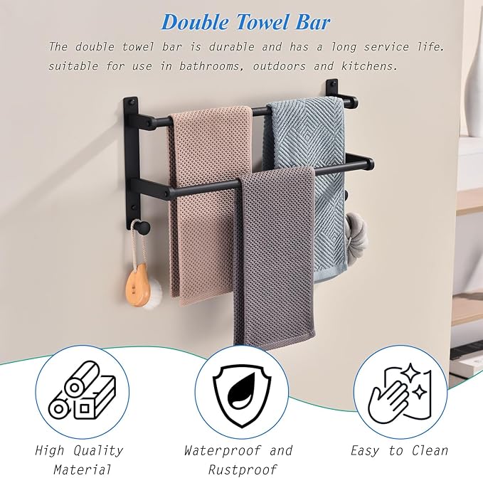 18-Inch Double Towel Rack with Hooks - Space Saving Towel Hanger, Matte Black Stainless Steel Towel bar for Bathroom Wall