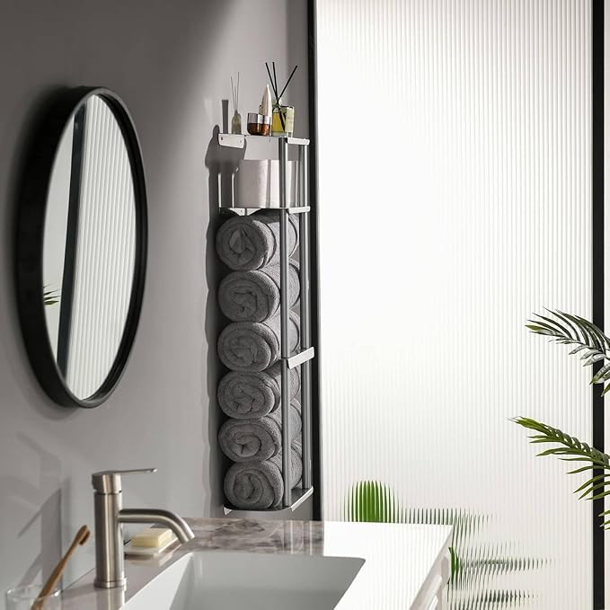 simpletome Towel Racks for Bathroom Storage Shower Organizer 31 inch Wall Mounted with Shelves Can Holds 6 Large Towels Thickened Carbon Steel (Silver Grey)