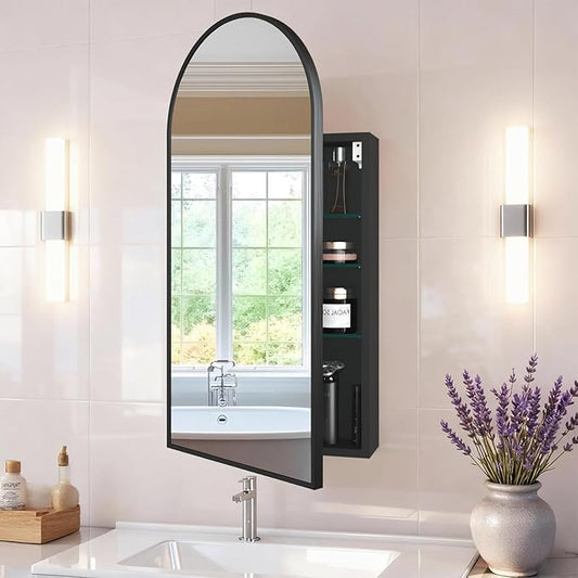 FKWin Arched Black Bathroom Medicine Cabinet with Mirror, Left or Right Opening, Bathroom Vanity Mirrors with Storage, Surface Mount Medicine Cabinet not Recessed, Black, 15.7x31.5 inch