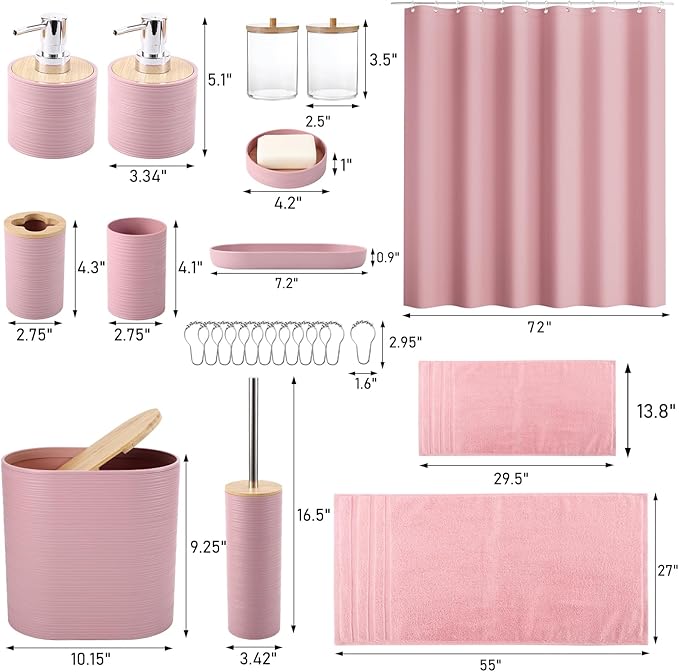 XLHOMO Pink Bathroom Accessories Set, Bathroom Sets with Shower Curtain, Bath Towel Set, Pink Shower Curtain Set with Bathroom Trash Can, Soap Dispenser, Soap Dish for Home Decor